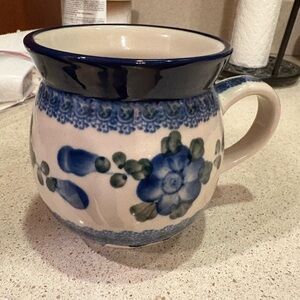 Polish Pottery Bubble Mug Floral Blue & Green. 16 oz.